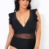 Black Ruffle Plunge V Neck One Piece Swimsuit