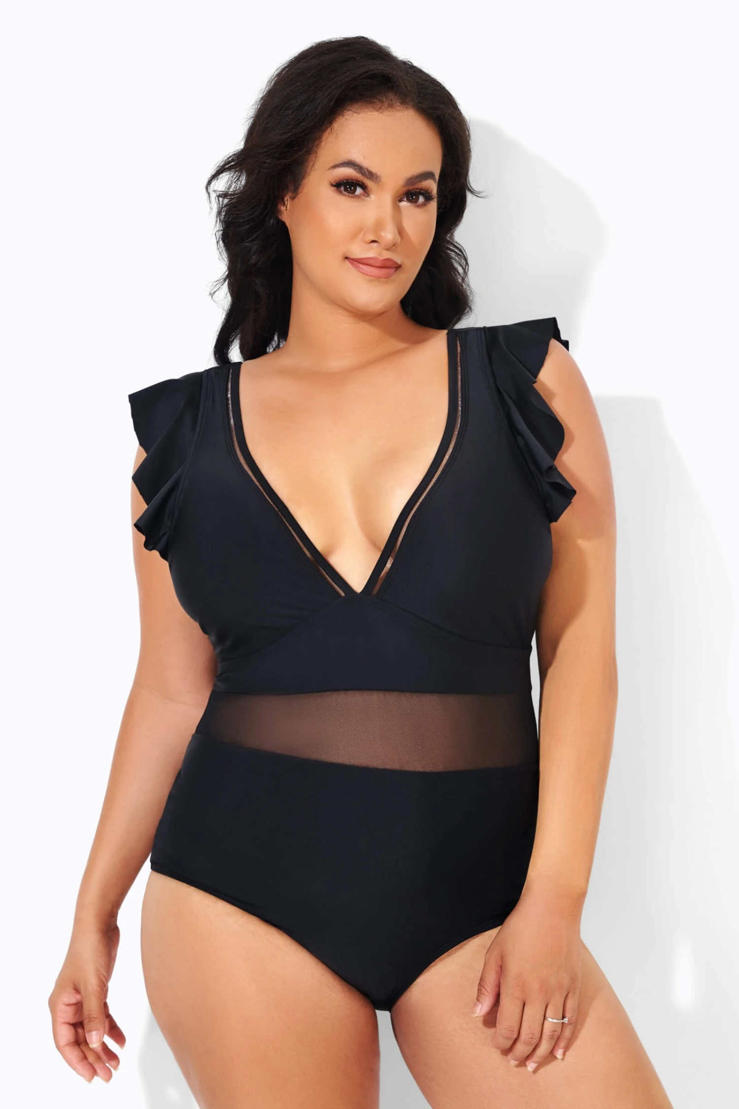 Black Ruffle Plunge V Neck One Piece Swimsuit 3 Black Ruffle Plunge V Neck One Piece Swimsuit