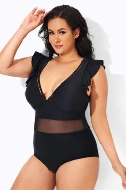Black Ruffle Plunge V Neck One Piece Swimsuit 8 Black Ruffle Plunge V Neck One Piece Swimsuit -Luna Marina Store b deop164001 2