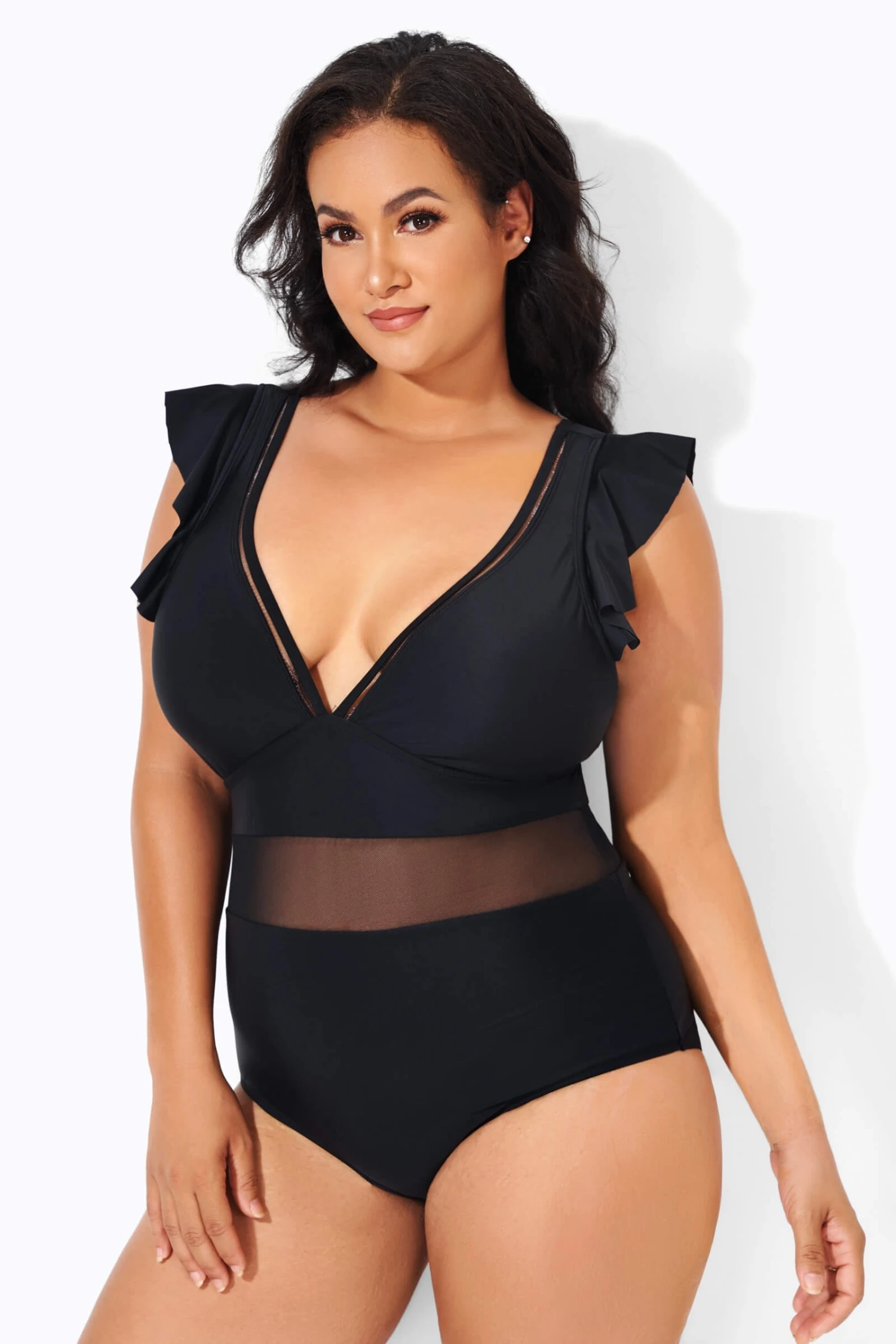 Black Ruffle Plunge V Neck One Piece Swimsuit 6 Black Ruffle Plunge V Neck One Piece Swimsuit - Image 4