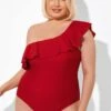 Red One Shoulder Ruffle One Piece Swimsuit -Luna Marina Store b deop172001 1
