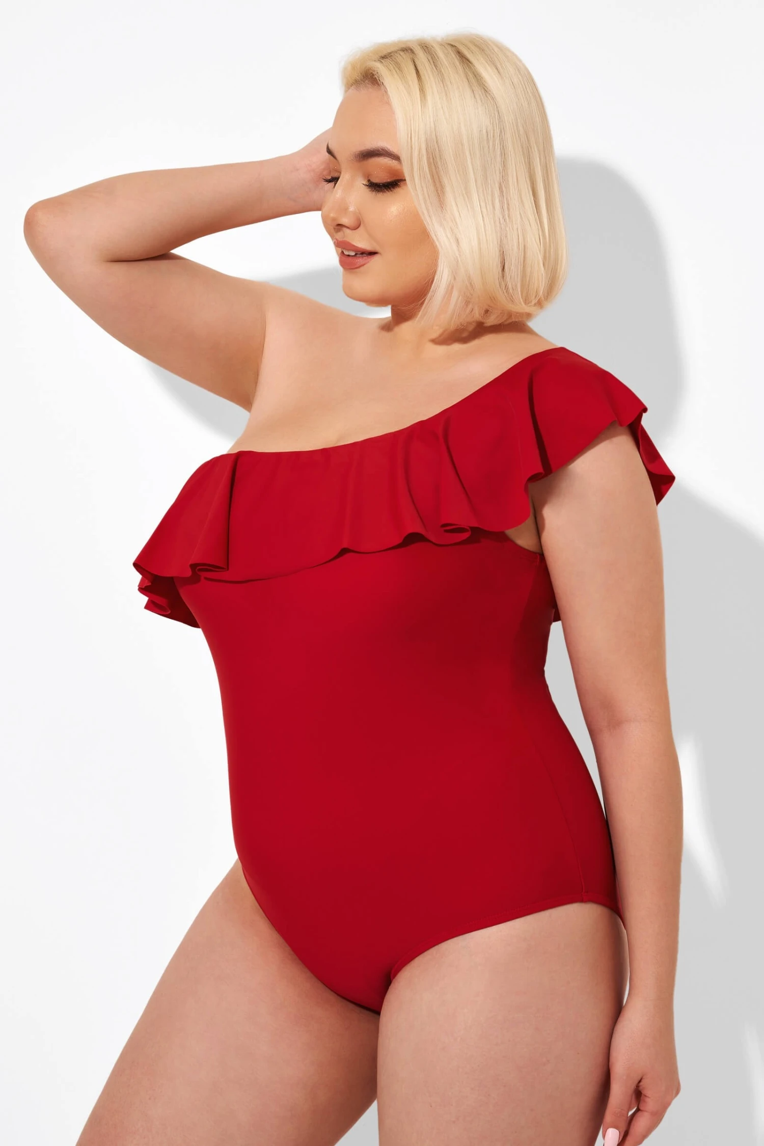 Red One Shoulder Ruffle One Piece Swimsuit 5 Red One Shoulder Ruffle One Piece Swimsuit - Image 3