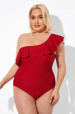 Red One Shoulder Ruffle One Piece Swimsuit 9 Red One Shoulder Ruffle One Piece Swimsuit -Luna Marina Store b deop172001 4