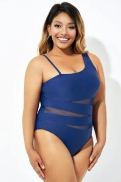 Navy Blue One Shoulder Mesh One Piece Swimsuit 10 Navy Blue One Shoulder Mesh One Piece Swimsuit -Luna Marina Store b deop181002 1