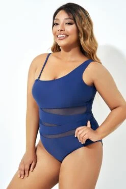 Navy Blue One Shoulder Mesh One Piece Swimsuit 12 Navy Blue One Shoulder Mesh One Piece Swimsuit -Luna Marina Store b deop181002 5