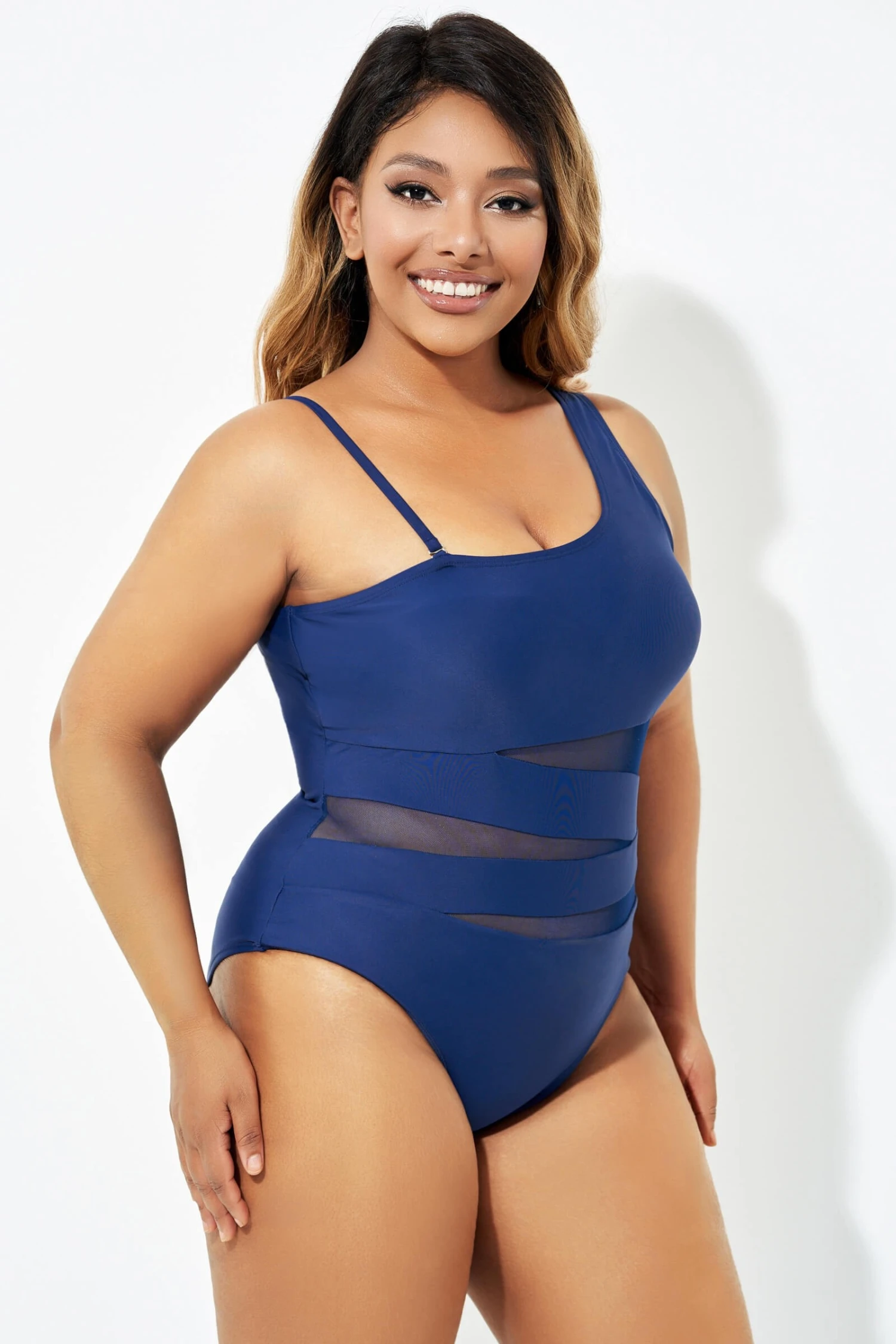 Navy Blue One Shoulder Mesh One Piece Swimsuit 8 Navy Blue One Shoulder Mesh One Piece Swimsuit - Image 6