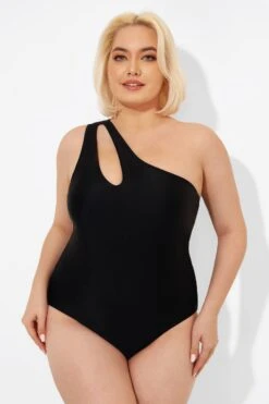 Black Cut Out One Shoulder One Piece Swimsuit -Luna Marina Store b deop182001 4