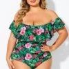 Floral Print Bandeau Off The Shoulder Ruffle One Piece Swimsuit -Luna Marina Store b deop183006 3