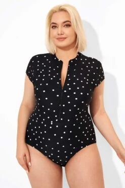 Polka Dots Zipper One Piece Swimsuit With Cap Sleeves -Luna Marina Store b deop187001 5