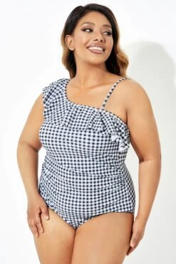 Black & White Gingham One-Shoulder One Piece Swimsuit -Luna Marina Store b deop190001 4