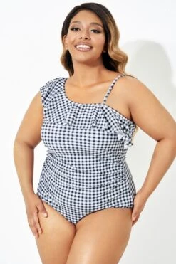 Black & White Gingham One-Shoulder One Piece Swimsuit -Luna Marina Store b deop190001 5