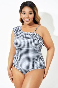 Black & White Gingham One-Shoulder One Piece Swimsuit -Luna Marina Store b deop190001 6