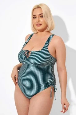 Green Stripe Center-front Keyhole One Piece Swimsuit 11 Green Stripe Center-front Keyhole One Piece Swimsuit -Luna Marina Store b deop198001 4