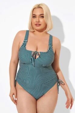 Green Stripe Center-front Keyhole One Piece Swimsuit 13 Green Stripe Center-front Keyhole One Piece Swimsuit -Luna Marina Store b deop198001 6