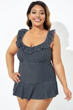Black Polka Dot Ruffles Elegant One Piece Swimsuit