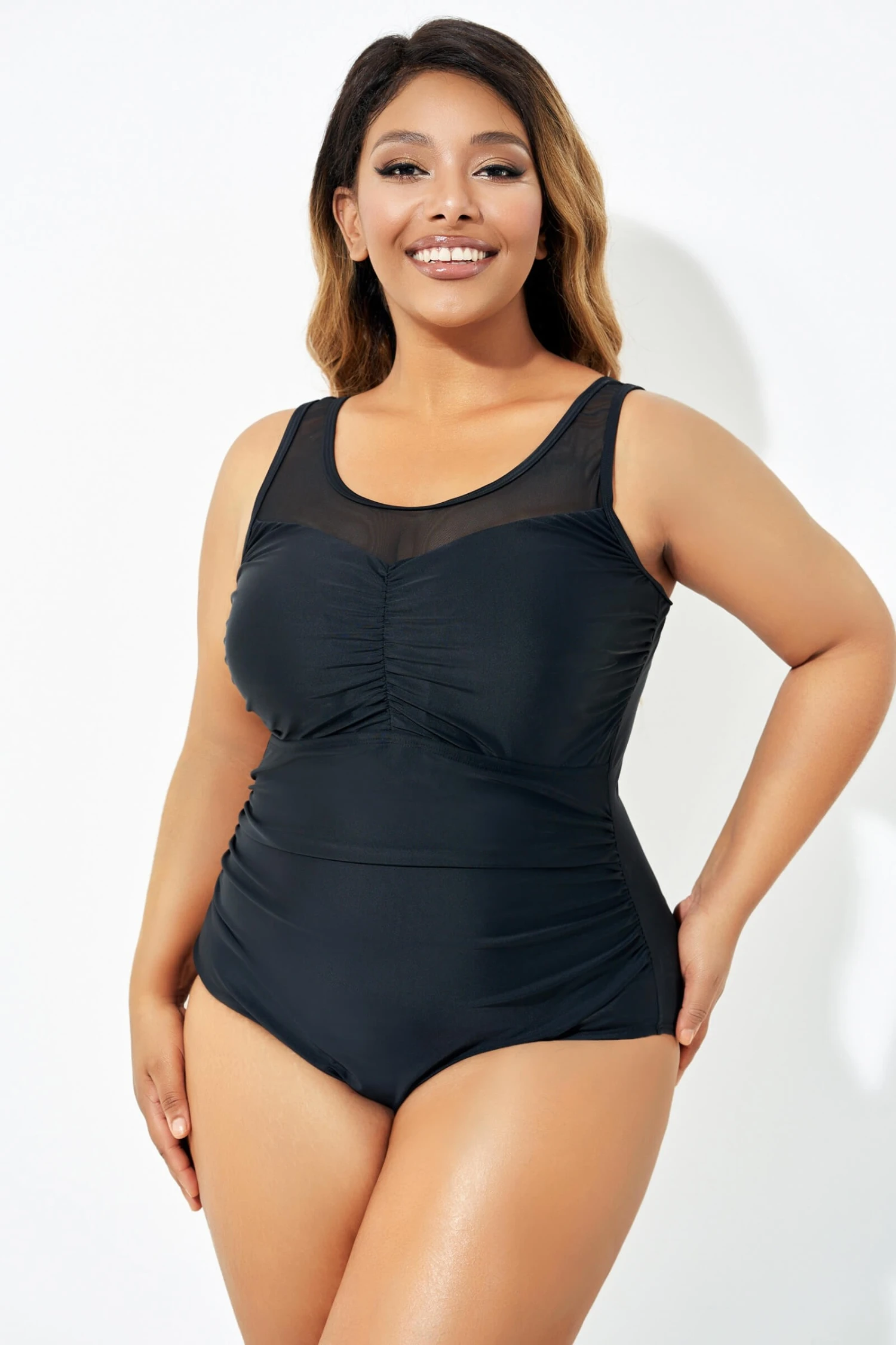 Black Mesh Ruching Tummy Control One Piece Swimsuit 3 Black Mesh Ruching Tummy Control One Piece Swimsuit