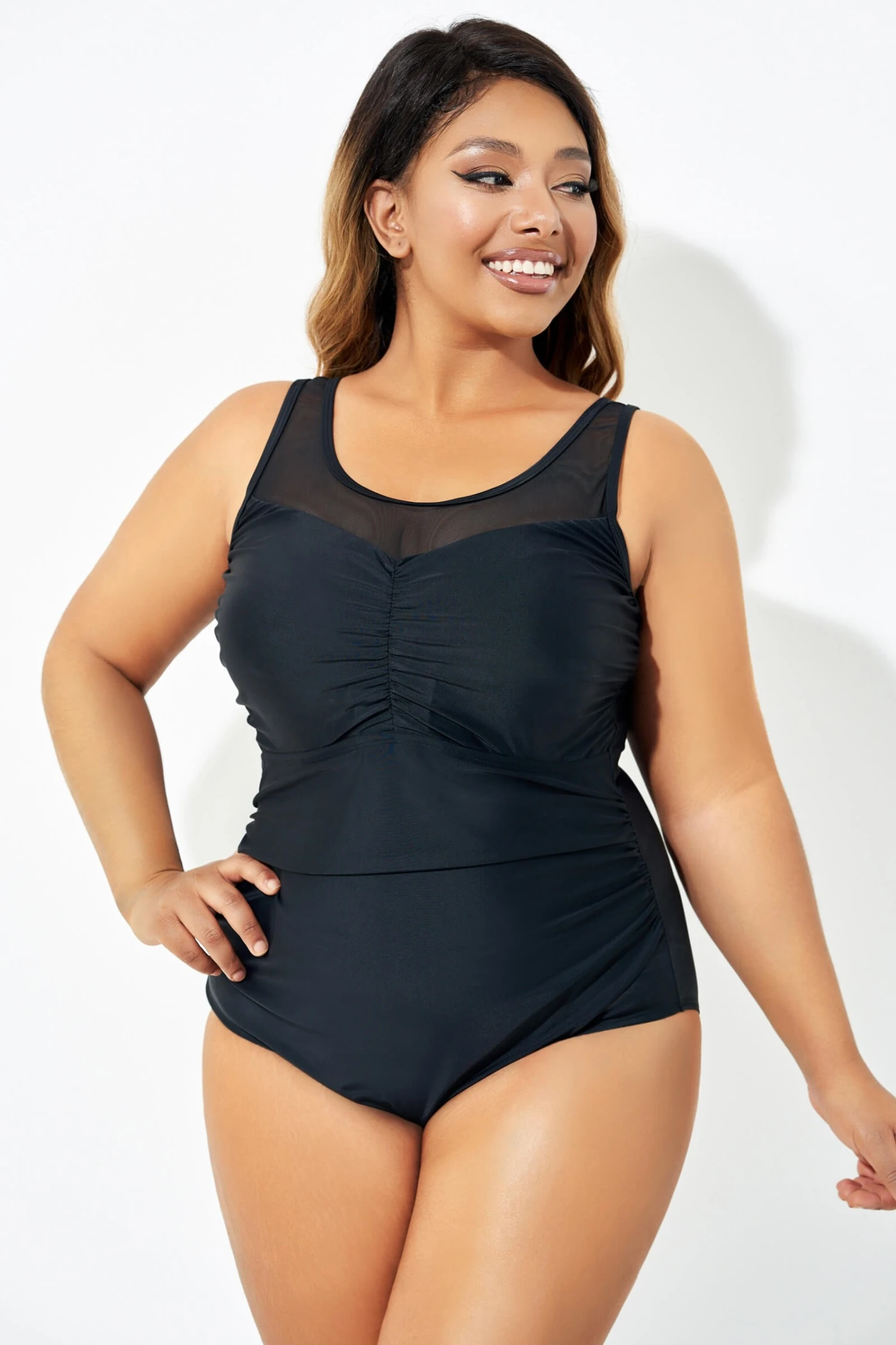Black Mesh Ruching Tummy Control One Piece Swimsuit 6 Black Mesh Ruching Tummy Control One Piece Swimsuit - Image 4