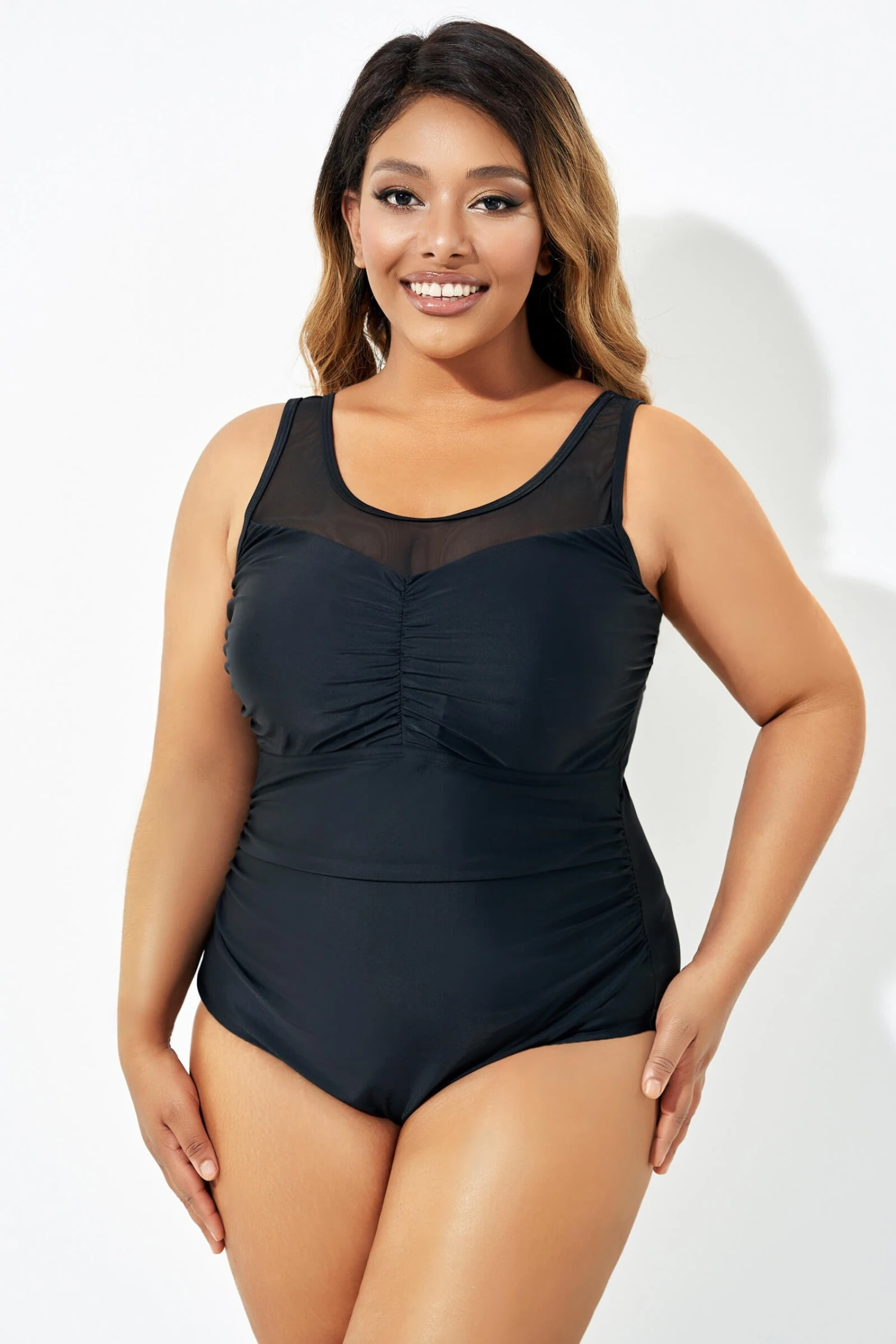 Black Mesh Ruching Tummy Control One Piece Swimsuit 7 Black Mesh Ruching Tummy Control One Piece Swimsuit - Image 5