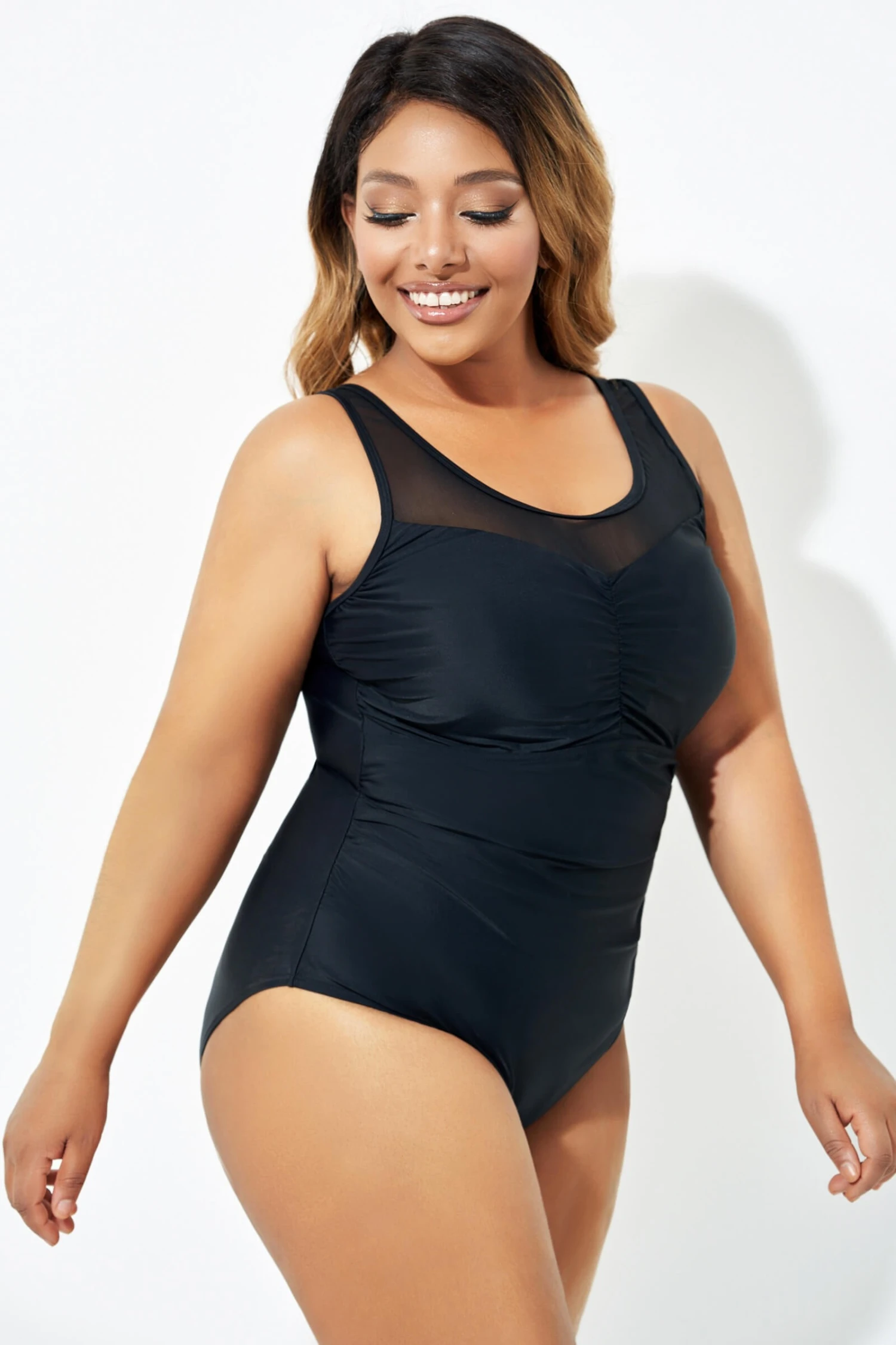 Black Mesh Ruching Tummy Control One Piece Swimsuit 8 Black Mesh Ruching Tummy Control One Piece Swimsuit - Image 6