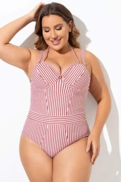 Vintage Red Stripe Underwire One Piece Swimsuit -Luna Marina Store b deop214001 3