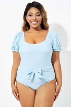 Blue Back Tie Short Sleeve One Piece Swimsuit -Luna Marina Store b deop220001 5