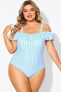 Blue & White Striped Off The Shoulder One Piece Swimsuit -Luna Marina Store b deop263002 1