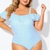 Blue & White Striped Off The Shoulder One Piece Swimsuit 2 Blue & White Striped Off The Shoulder One Piece Swimsuit -Luna Marina Store b deop263002 3