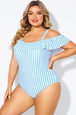 Blue & White Striped Off The Shoulder One Piece Swimsuit -Luna Marina Store b deop263002 4