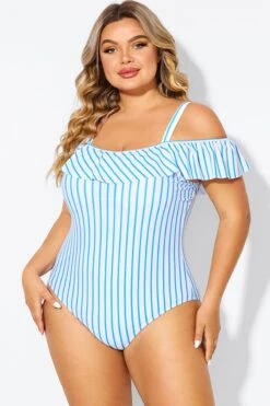 Blue & White Striped Off The Shoulder One Piece Swimsuit -Luna Marina Store b deop263002 5