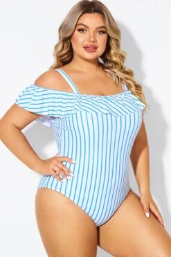 Blue & White Striped Off The Shoulder One Piece Swimsuit -Luna Marina Store b deop263002 6