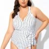 Stripe Print Tie Front Center One Piece Swimsuit -Luna Marina Store b deop266001 2