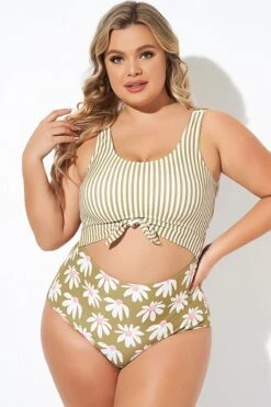 Cactus Stripe Daisy Knotted One Piece Swimsuit -Luna Marina Store b deop271001 6
