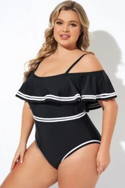 Black And White Off Shoulder Ruffles One Piece Swimsuit -Luna Marina Store b deop272001 1 1