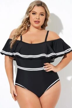 Black And White Off Shoulder Ruffles One Piece Swimsuit -Luna Marina Store b deop272001 3