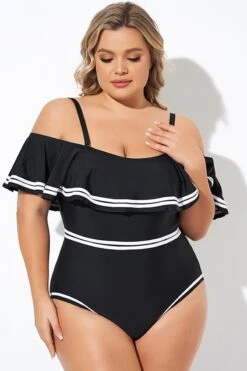 Black And White Off Shoulder Ruffles One Piece Swimsuit -Luna Marina Store b deop272001 6