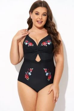 Black Flower Adjustable Straps Cut Out Front One Piece Swimsuit -Luna Marina Store b deop275001 3