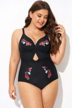 Black Flower Adjustable Straps Cut Out Front One Piece Swimsuit -Luna Marina Store b deop275001 5