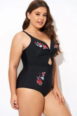 Black Flower Adjustable Straps Cut Out Front One Piece Swimsuit -Luna Marina Store b deop275001 6