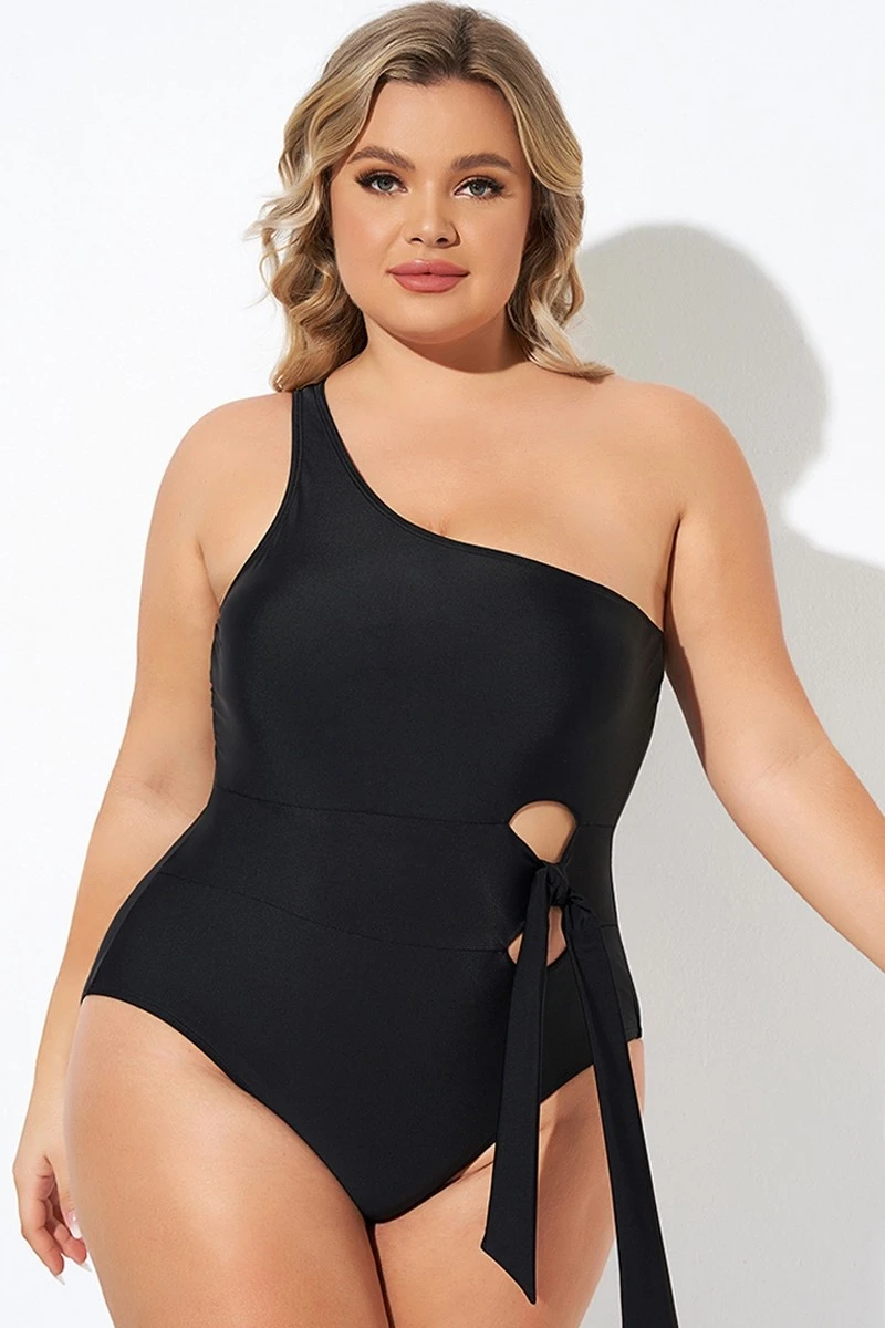 Black One Shoulder Tie One Piece Swimsuit 3 Black One Shoulder Tie One Piece Swimsuit
