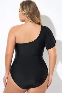 Black Flutter Sleeve One Shoulder One Piece Swimsuit -Luna Marina Store b deop283001 2