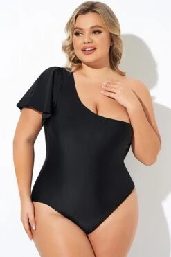 Black Flutter Sleeve One Shoulder One Piece Swimsuit -Luna Marina Store b deop283001 4