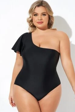 Black Flutter Sleeve One Shoulder One Piece Swimsuit -Luna Marina Store b deop283001 5
