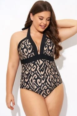 Deep V Neck Pattern Halterneck One Piece Swimsuit -Luna Marina Store b deop287001 4