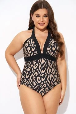 Deep V Neck Pattern Halterneck One Piece Swimsuit -Luna Marina Store b deop287001 5