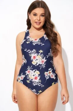 Flower Stripes Scoop Neck Cross Back One Piece Swimsuit -Luna Marina Store b deop288001 1