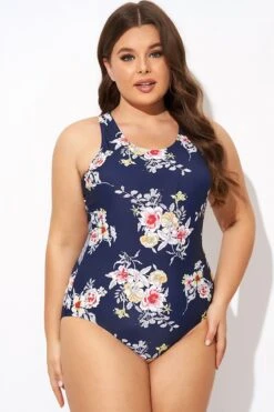 Flower Stripes Scoop Neck Cross Back One Piece Swimsuit -Luna Marina Store b deop288001 5