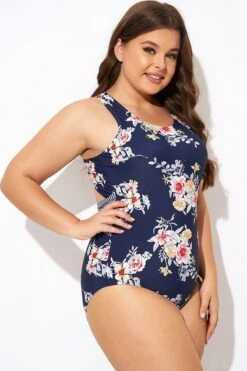 Flower Stripes Scoop Neck Cross Back One Piece Swimsuit -Luna Marina Store b deop288001 6