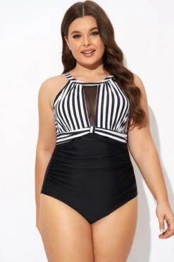Stripe High Neck Mesh Ruched One Piece Swimsuit 12 Stripe High Neck Mesh Ruched One Piece Swimsuit -Luna Marina Store b deop295001 1