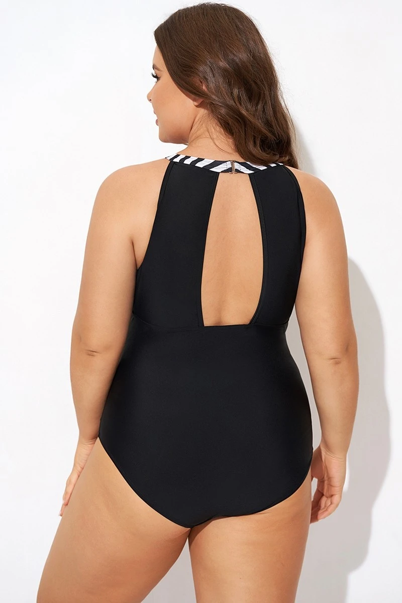 Stripe High Neck Mesh Ruched One Piece Swimsuit 4 Stripe High Neck Mesh Ruched One Piece Swimsuit - Image 2