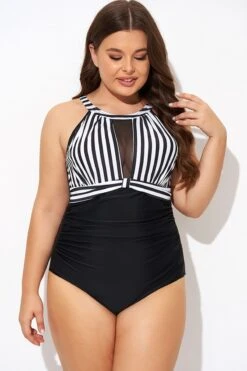 Stripe High Neck Mesh Ruched One Piece Swimsuit 10 Stripe High Neck Mesh Ruched One Piece Swimsuit -Luna Marina Store b deop295001 3